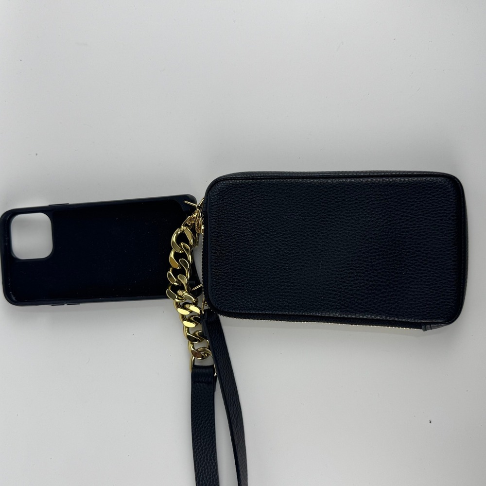 Bandolier Emma Black Pebble Leather Crossbody Phone Case and Pouch Set Gold HW
